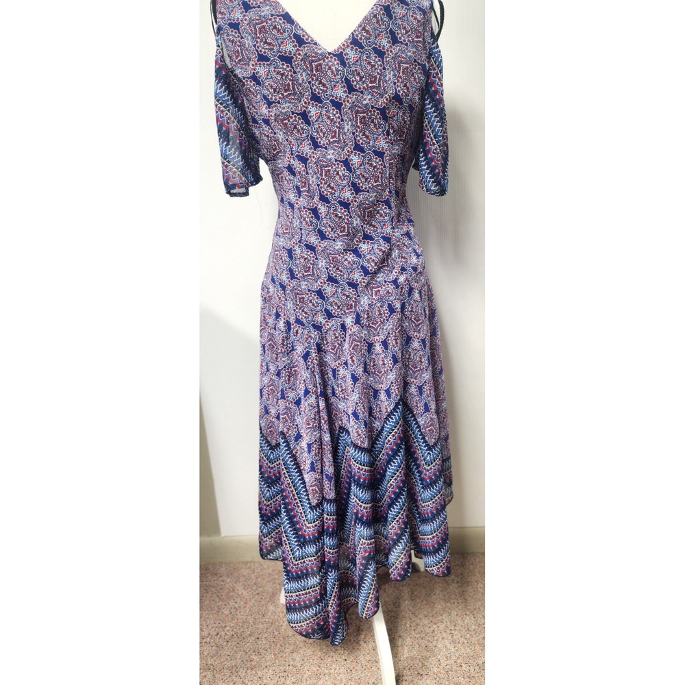 Rabbit Rabbit Rabbit Womens Dress Navy Red Paisley Boho Cold Shoulder 10 - Picture 2 of 7